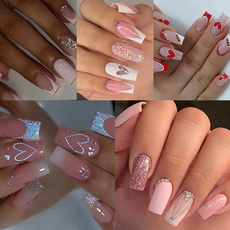 TEMU 120pcs Square Press On Nails Medium Length ( 5 Pack ) - French Tip Press On Nails Heart Deign, Glossy Pink Fake Nails With Adhesive Glue