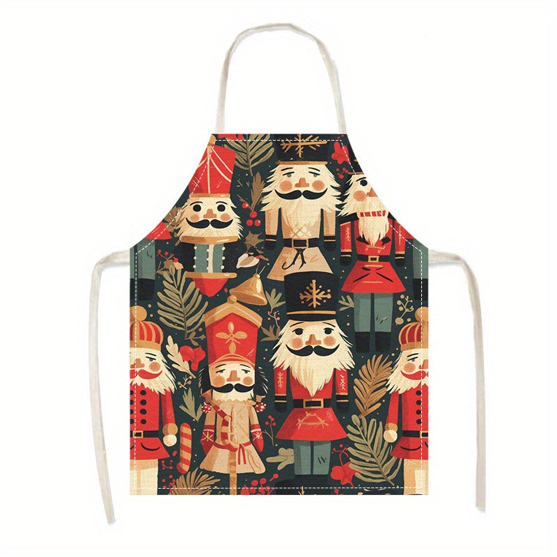 TEMU Jit1pc Linen Christmas Nutcracker Printed Apron, Woven, 170g-m², And Baking