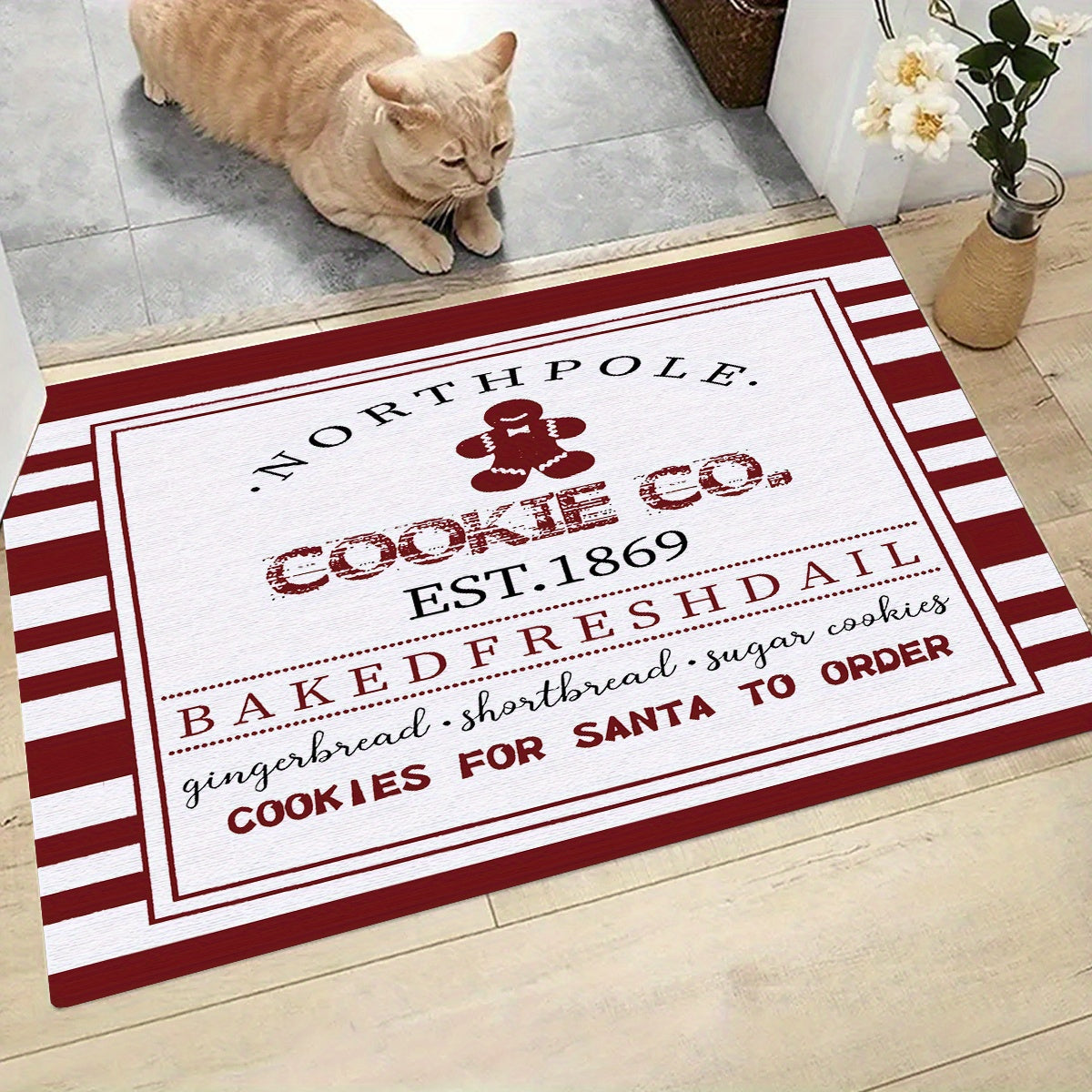 TEMU 1pc Christmas Gingerbread Man Letter Design Kitchen Mat, Dirt Resistant Carpet, Entrance Doormat, Bedroom Living Room Bathroom Floor Mat,