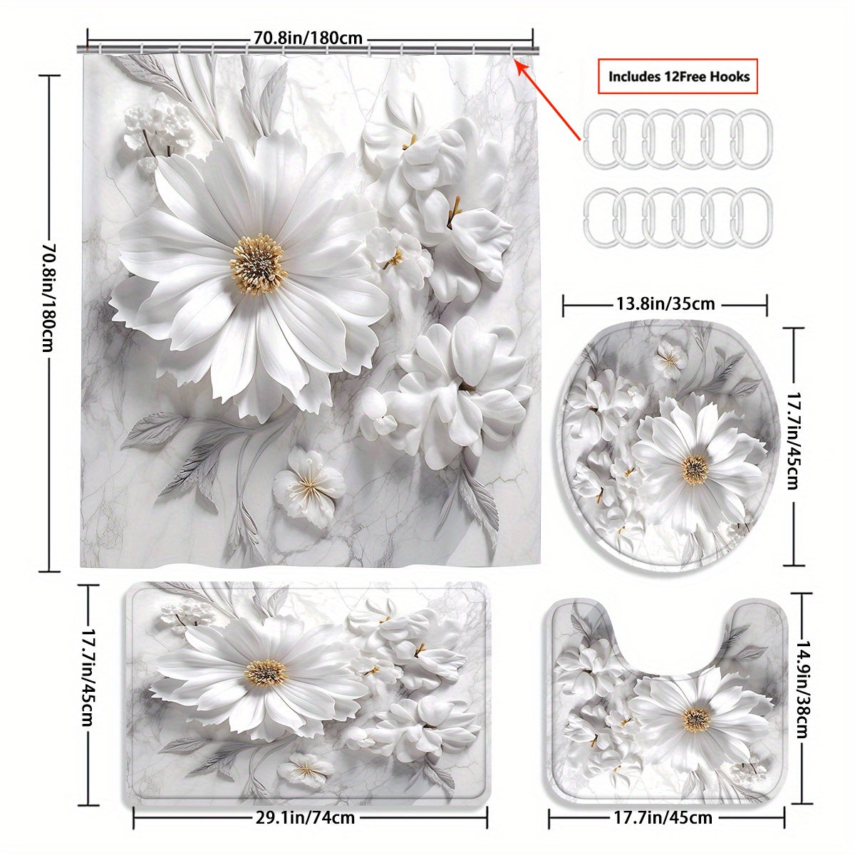 TEMU 4pcs Chrysanthemum Shower Curtain Sets, Waterproof Marble Grain Shower Curtain, Bath Mat, Toilet Lid Rug, Non-slip U Shape Mat, Bathroom Flower