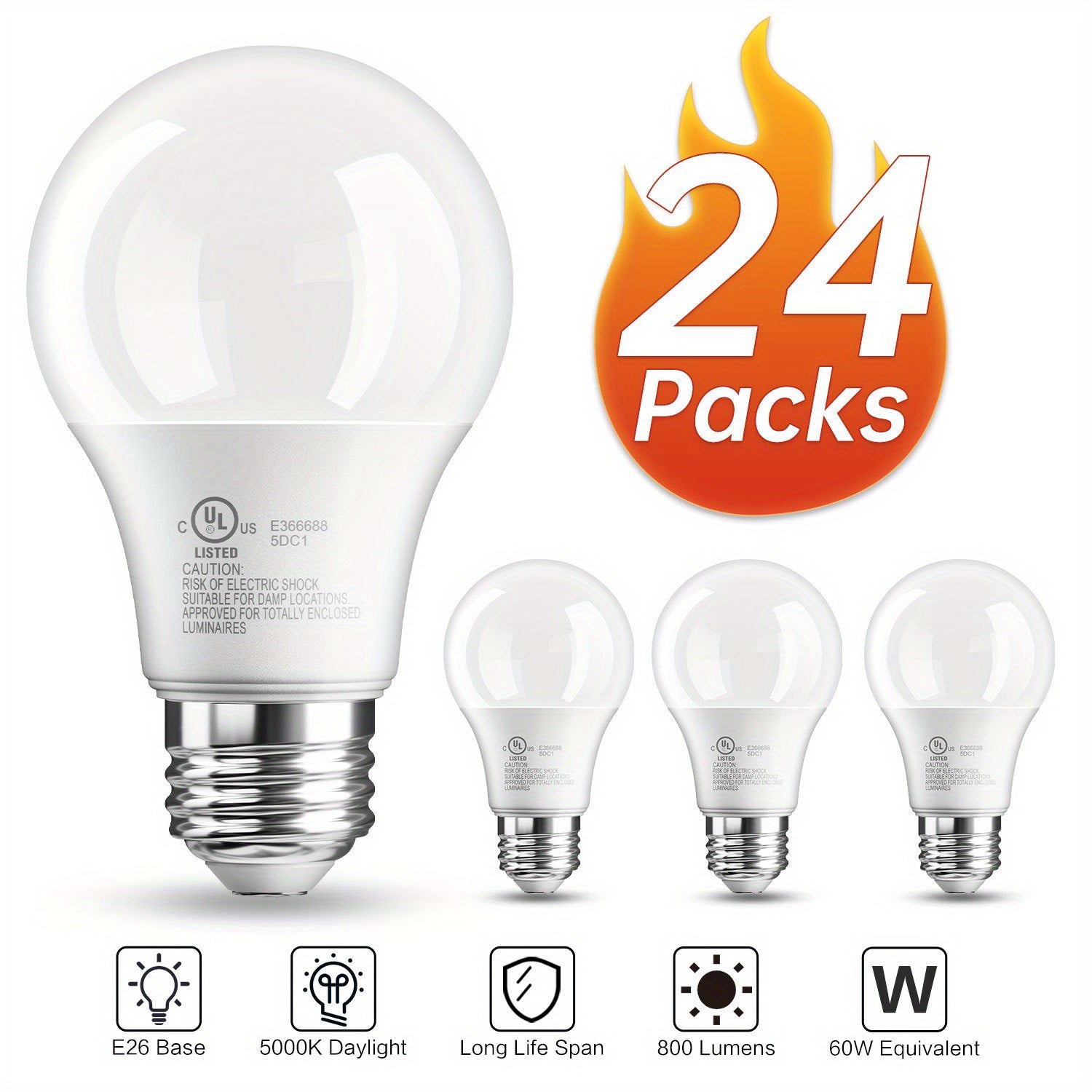 TEMU A19 Led Bulbs, E26 Base, 5000k , Non-dimmable, 9w (60w Equivalent), 800 Lm, 80+ Cri, 15000 Hours, Bedroom, Living Room, Home Office, Home