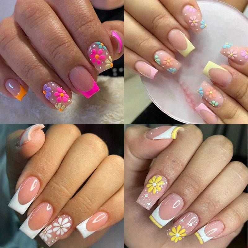 TEMU 4 Packs (96 Pcs) Glossy Short Square Press On Nails Colorful Flower Decor Fake Nails Spring Sweet False Nails For Women Girls For Easter