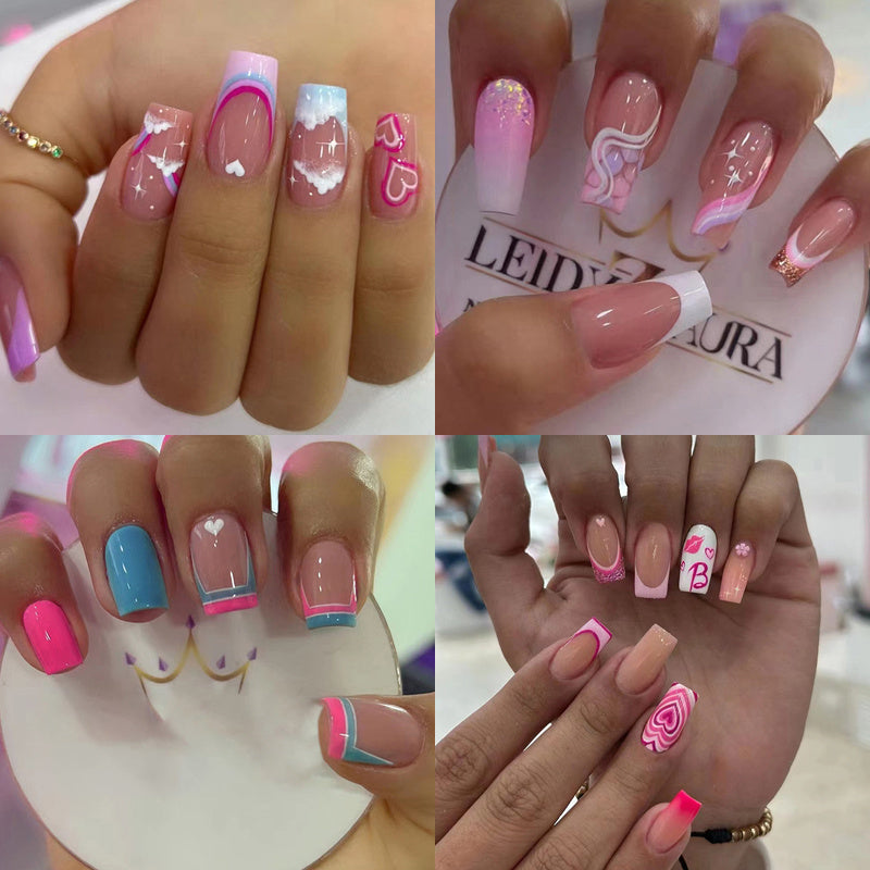 TEMU 96pcs On Nails, (4 Pack) Short Square Fake Nails With Cute Cloud And Rainbow French Glitter Design, Glossy Full Cover False Nails For Women And