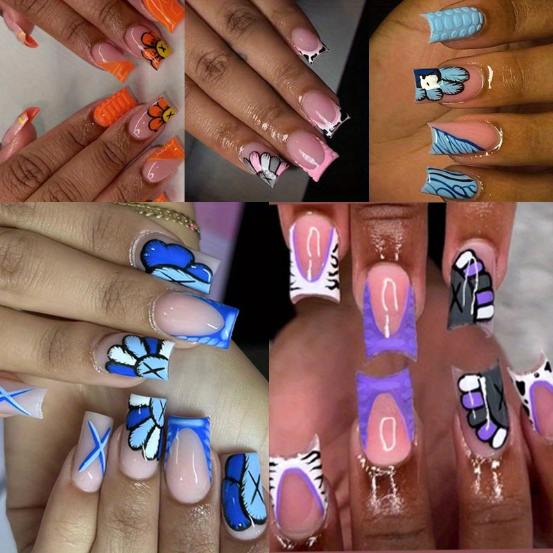 TEMU 5 Boxes (120pcs) Short Square Press On Nails Pink Fake Nails Glossy Glue On Nails French Tip Acrylic Nails Cute Artificial Nails Zebra Stripe On