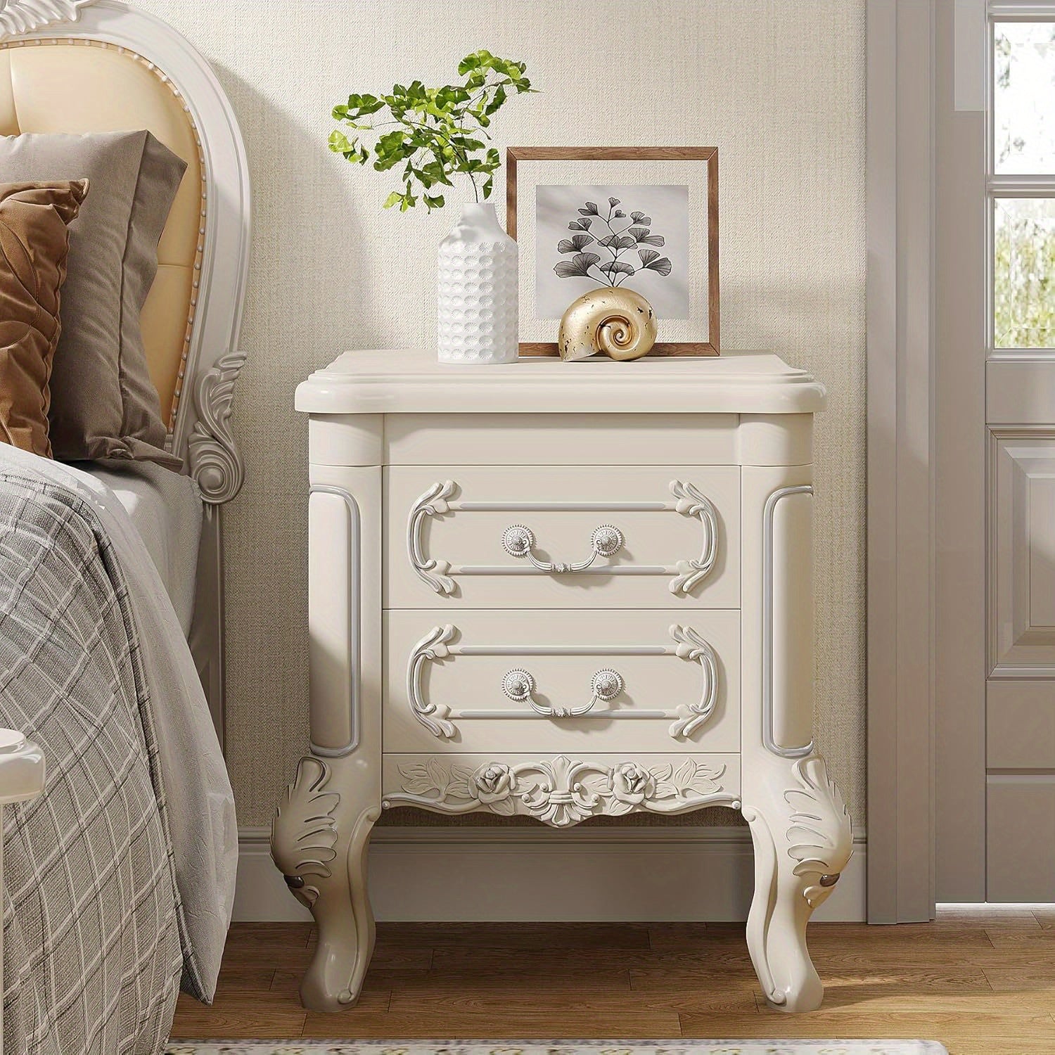 TEMU Side Table For Bedroom, Living Room, End Table With 2 Drawers, White Nightstand, Carved Bedside Tablesclassic Bedroom Furniture,