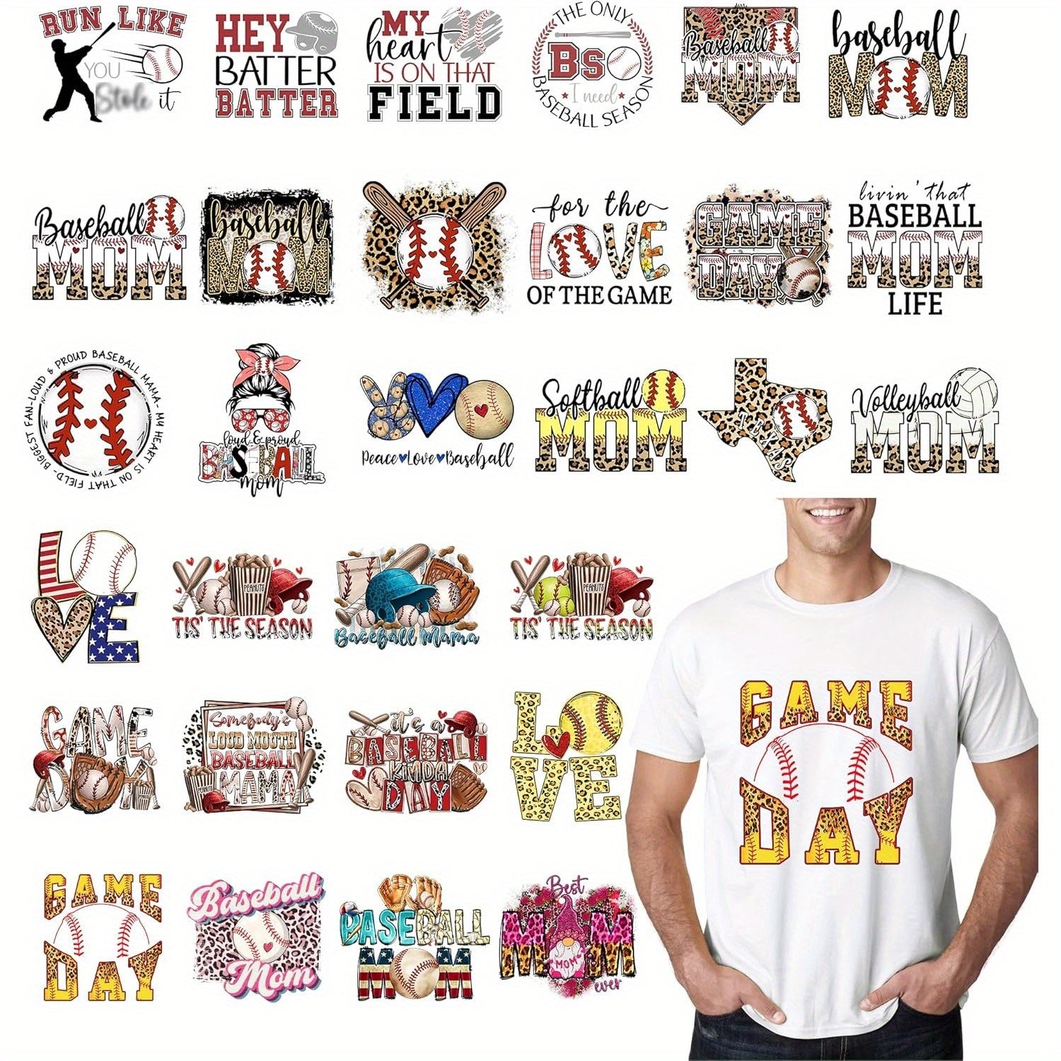 TEMU 30pcs Baseball Iron On Decals For T-shirts Iron On Vinyl Decals Stickers For Diy Clothing Gift Sport Ball Team Fan Uniform T-shirt Pillow Canvas