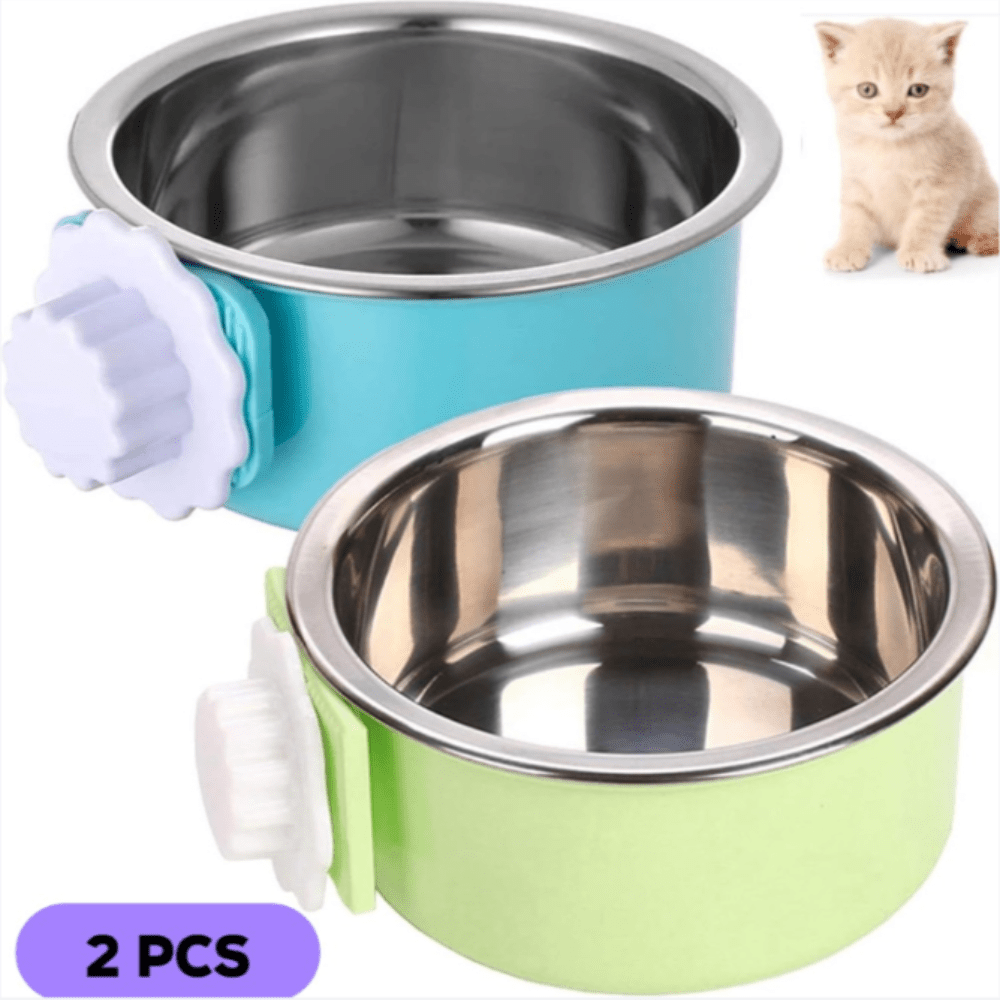 TEMU 2pcs Detachable Stainless Steel Hanging Pet Dog Cage Bowls, Food And Water Fountains, Anti-knock Drinking Basin, , Suitable For Puppies, Cats,