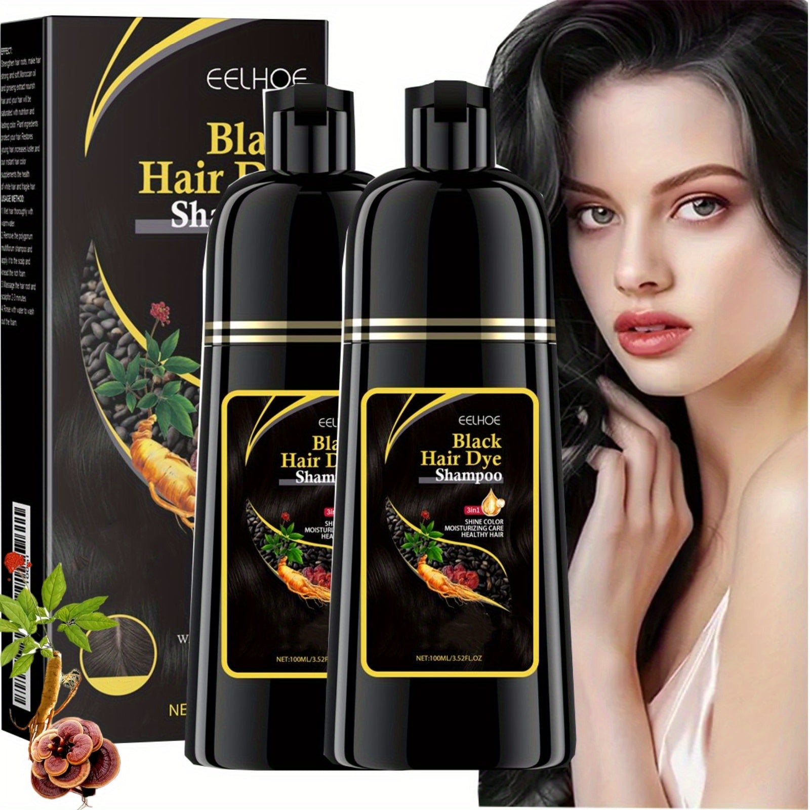 TEMU 2pcs Black Hair Dye Shampoo 3.52 Fl.oz, 3 In 1 Herbal Ingredients Natural Shampoo Black Hair Dye Moisturizing Hair Shampoo For -birthday
