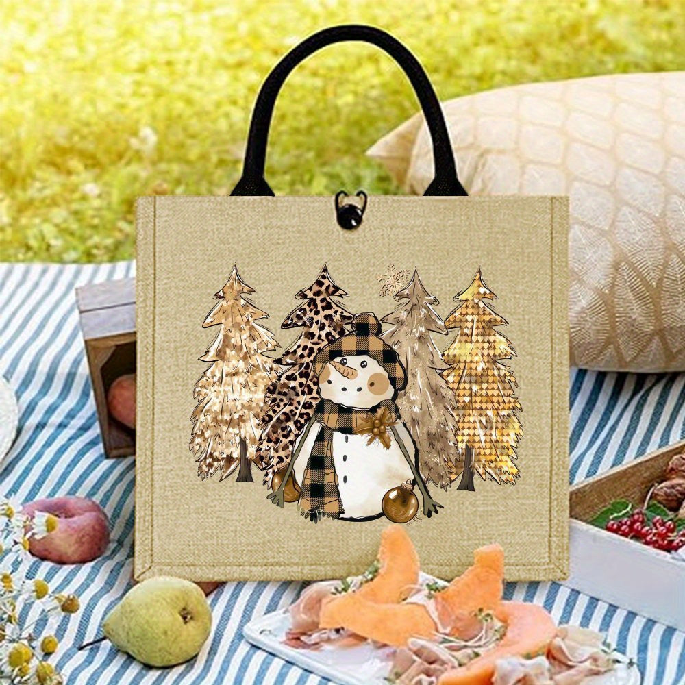 TEMU 1pc, Funny Christmas Snowman Tote Bag, Christmas Gift, Christmas Snowman Printed Handbag, Large Capacity Trendy Simple Style Durable Jute Bags