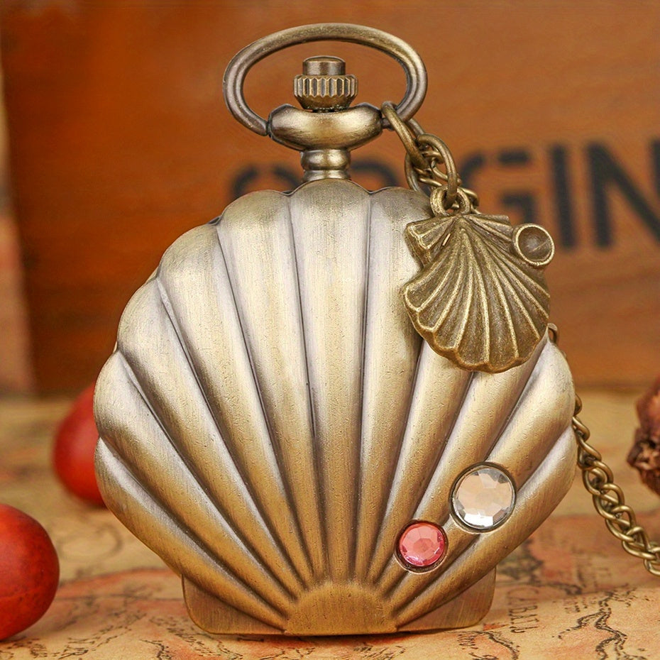 TEMU New Fashion Mermaid Shell Pocket Watch Unique Glossy Metal Scallop Case Crystal Pendant Necklace Superb Clock With Shell Accessory
