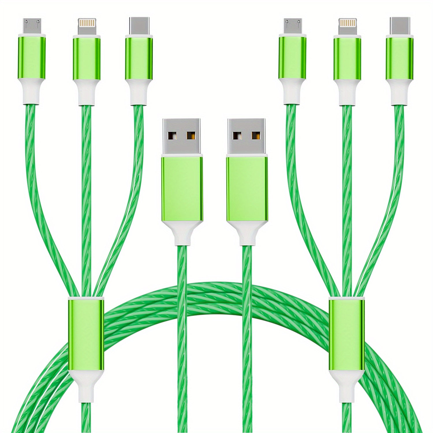 TEMU Jogrytece 2pcs 1.2m- 4ft Mfi Certified 3 In 1 Green Usb Charging Cable With Type-c, Micro Usb, Ip Port For Most Phones- Iphones- Tablets