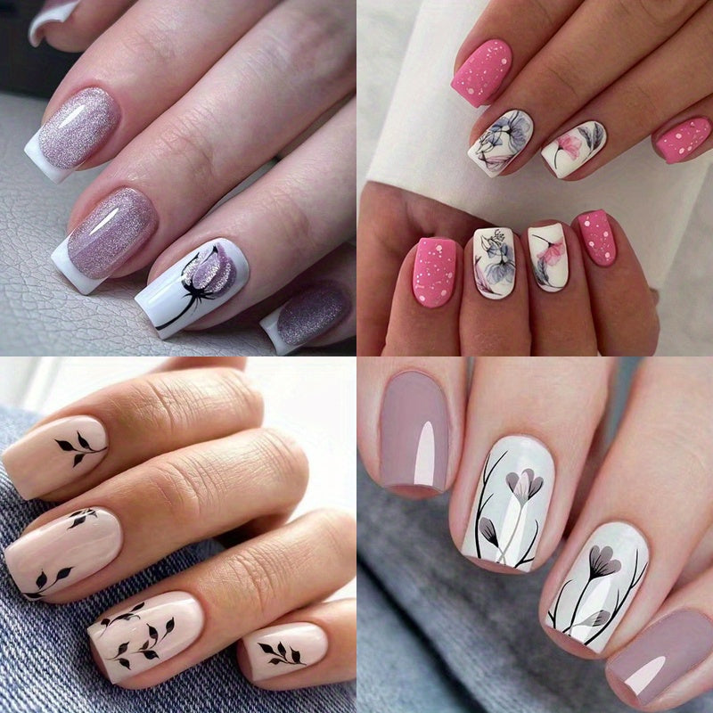 TEMU 96pcs Pink Floral Press-on Nails Set - Medium Square, Glossy Lotus Nude Glitter Finish, Easy To Apply & Remove - Women And Girls