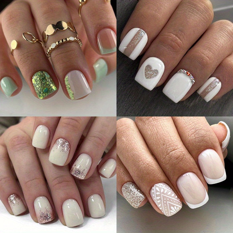 TEMU 96 Pcs- 4 Pack Glossy Short Square Fake Nails, White On Nails With Silvery Glitter , Sweet False Nails For Women Girls