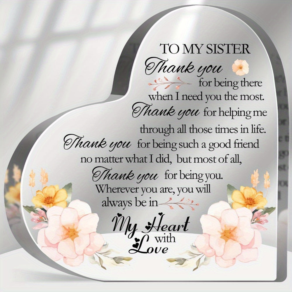 TEMU 2d Flat Thanks To Sister - Acrylic Heart Shape Keepsake Decorative Plaque, Thank You Presents For Women Sister Bff, Home Office Decor, Tabletop