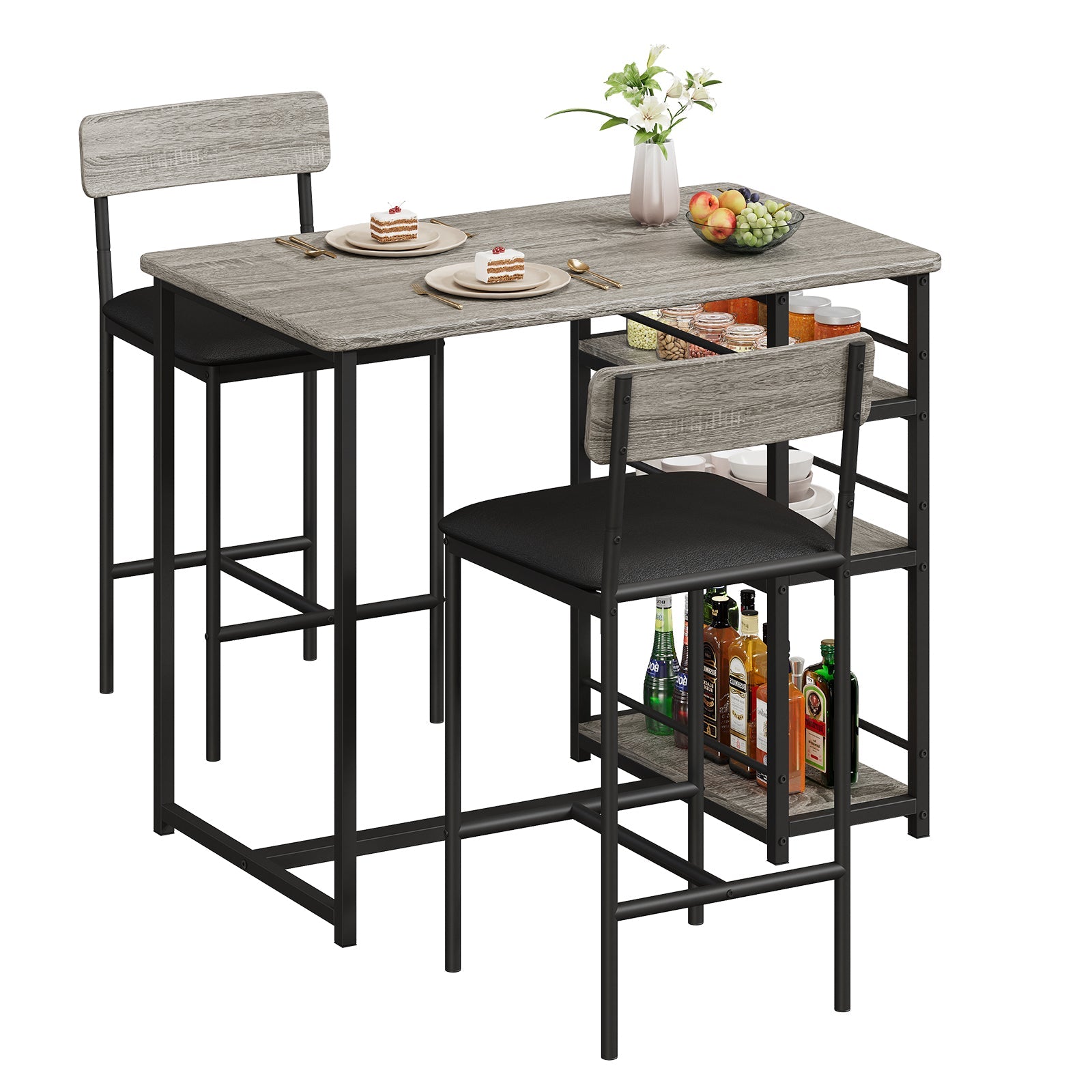Garvee Dining Table Set for 2, Bar Table and Chairs for 2, Kitchen Table Set with 2 Upholstered Chairs, 3 Large Storage Shelves, Pub Table Set for Sma