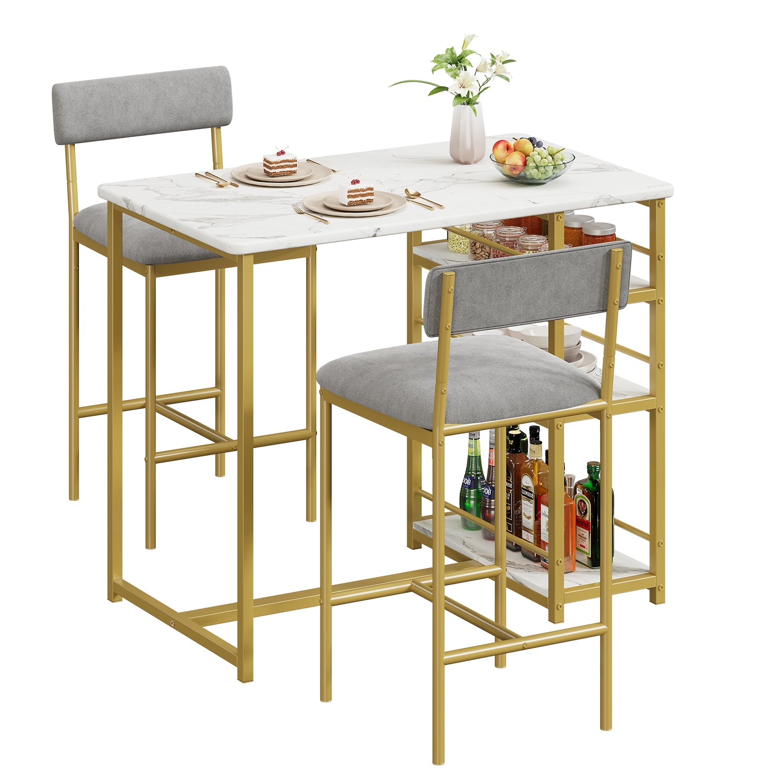 Garvee Dining Table Set for 2, Kitchen Table Set, Dining Room Table Set with 2 Velvet Upholstered Bar Chairs, 3 Piece Counter Height Table Set for Sma