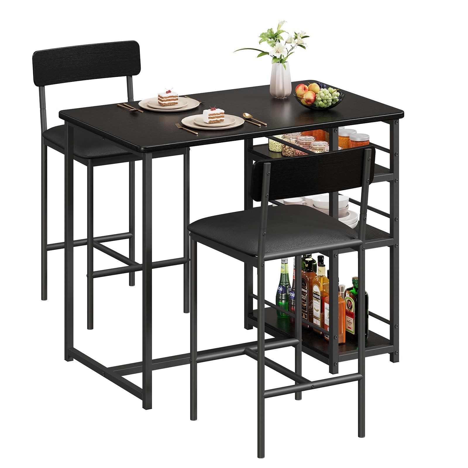 Garvee Dining Table Set for 2, Bar Stools, Upholstered Chairs, MDF Board & Steel, 3 Storage Shelves, Small Space Solution, Black