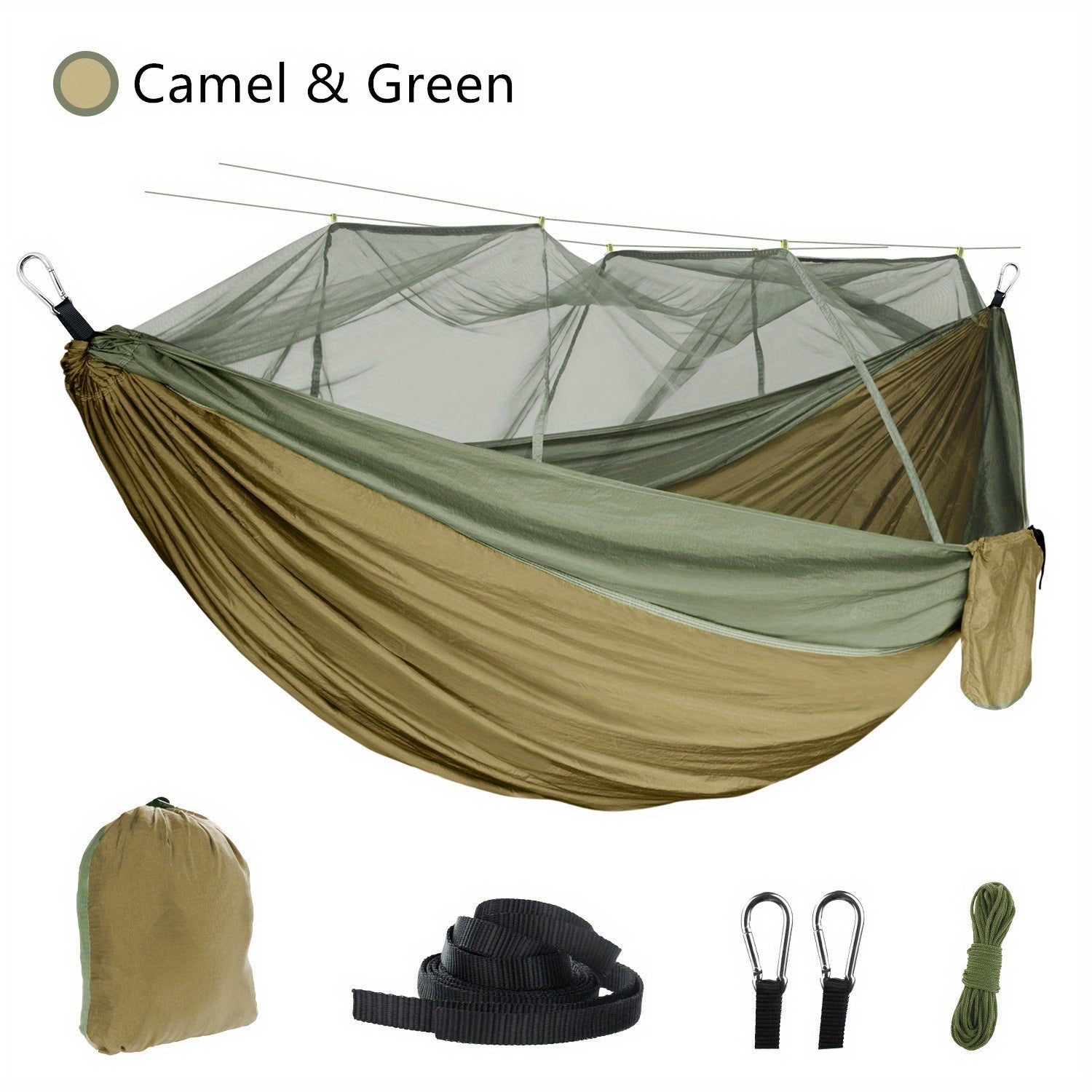 TEMU 3-in-1 Hammock With Net - Double Sleeping Camping Hammock For Backpacking, Travel & Park, Lightweight Green Fabric With Sturdy Rope Support, No