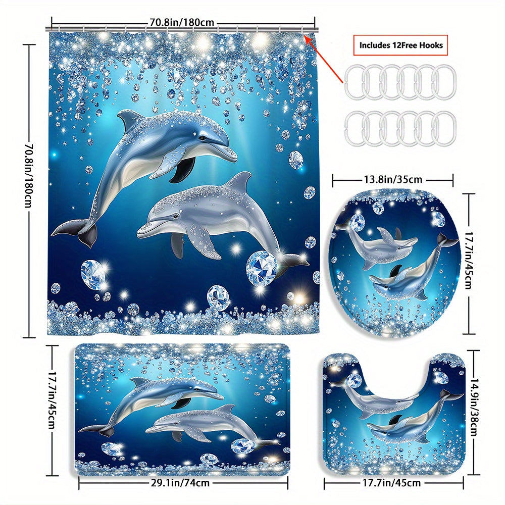 TEMU 4pcs Diamond Rain Dolphin Shower Curtain Decoration, Beautiful Housewarming Gift, Decoration, Shower Curtain And Toilet Floor Mat 3 Piece Set