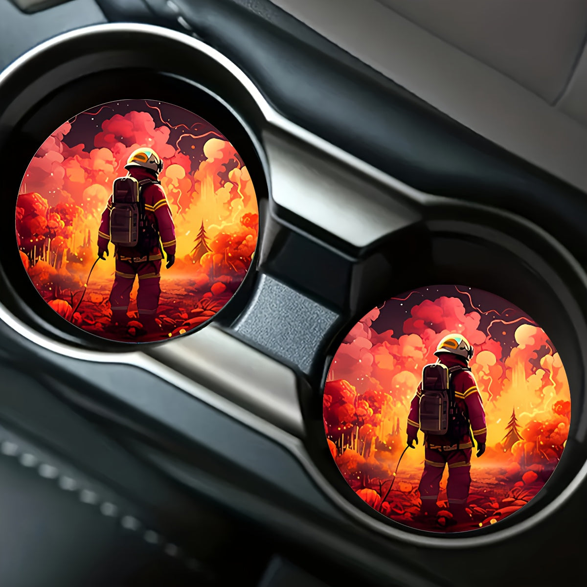 TEMU 2pcs Firefighter Hero Car Coasters - Ultra-absorbent, Non-slip Rubber Cup Holders With Finger Notch For Vehicles, Protecting From And