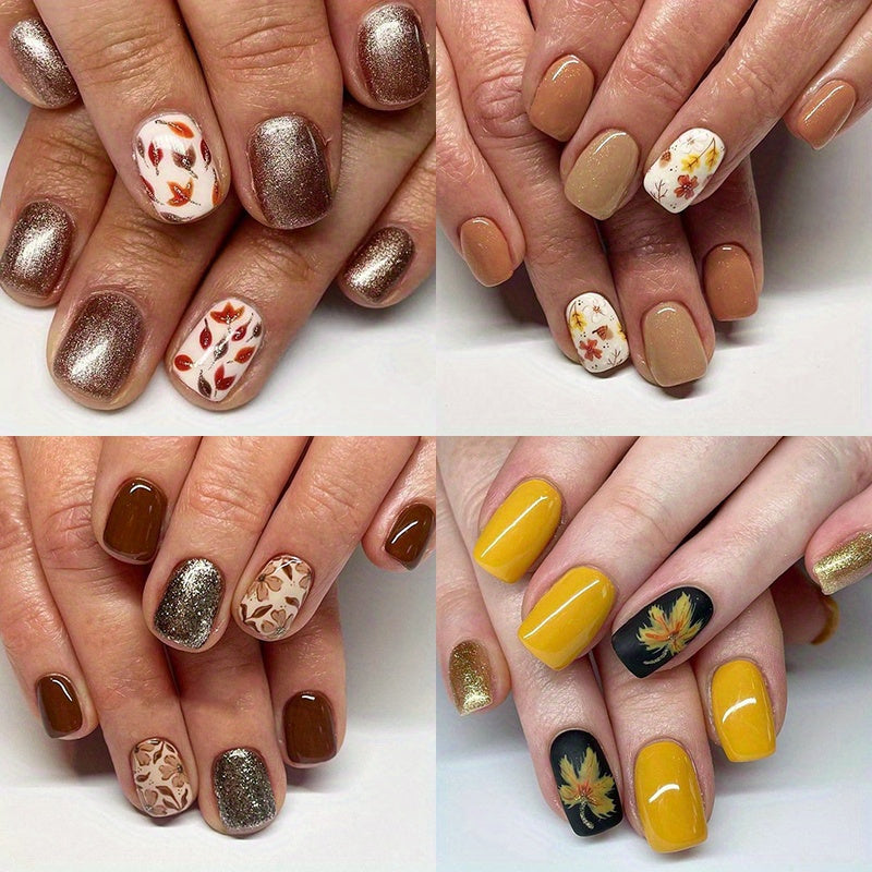 TEMU 96 Glossy Short Square Nail Fall- Glitter Warm Brown Orange Wear Nail Band Maple Premium Cute Wear Nail - Suitable For Women