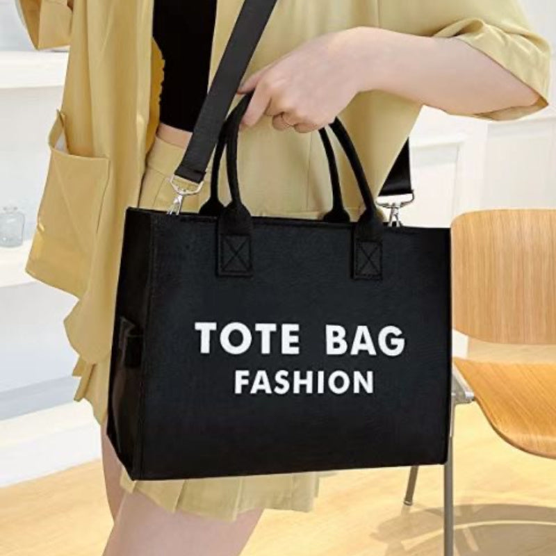 TEMU 1 pieza de bolso de de mujer de fieltro - Suave, duradero, elegante bolso de mensajero negro con estampado "Tote Bag Fashion", cierre de