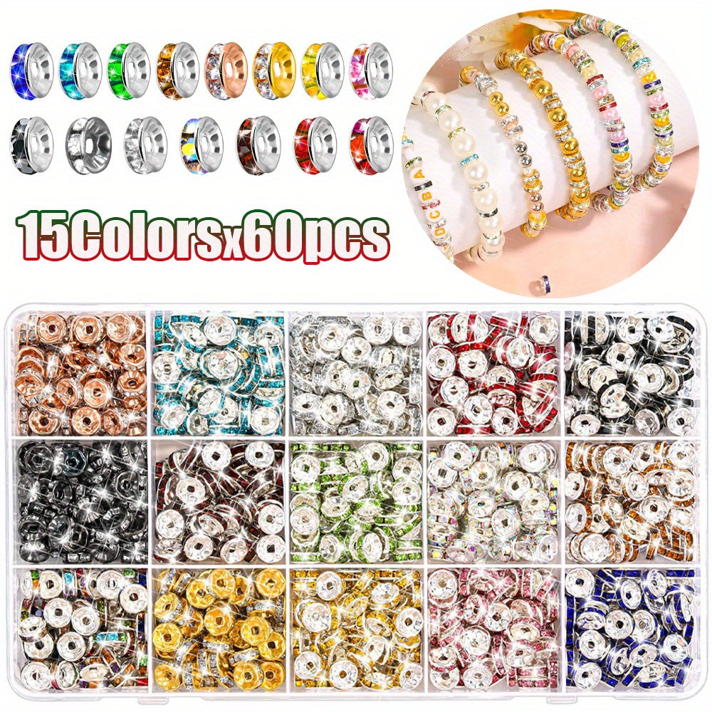 TEMU 900pcs 8mm Sparkling Artificial Crystal Spacer Beads - 15 Vibrant Colors For Making, Bracelets, Necklaces, Pendants - High- Supplies With Clear