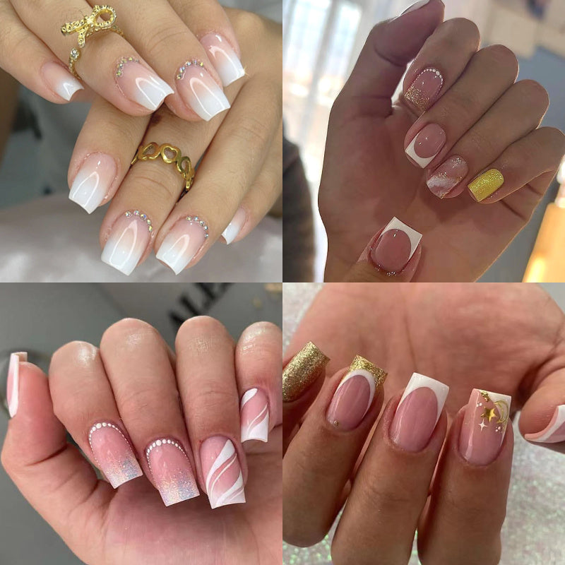 TEMU 96pcs White French Tip Press On Nails With Silvery Designs Short Square Shaped Fake Nails Sparkly False Nails Pink Glossy Acrylic Nails Full