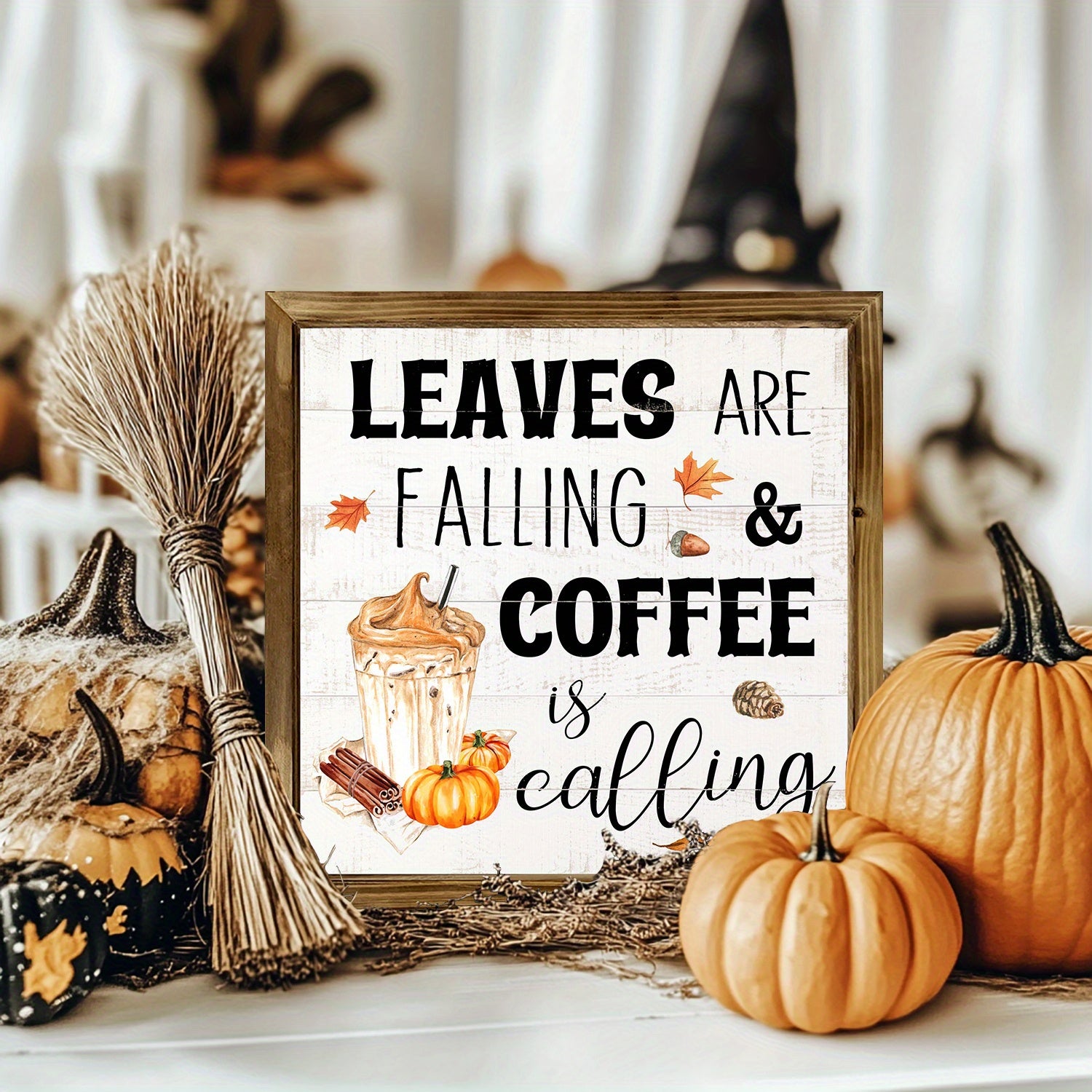 TEMU 8x8" Rustic Farmhouse Wooden Sign - Autumn Fall Wall Decor With "leaves Are Falling & Coffee Is Calling" - Coffee Cup, Pumpkin, Leaves In Brown,