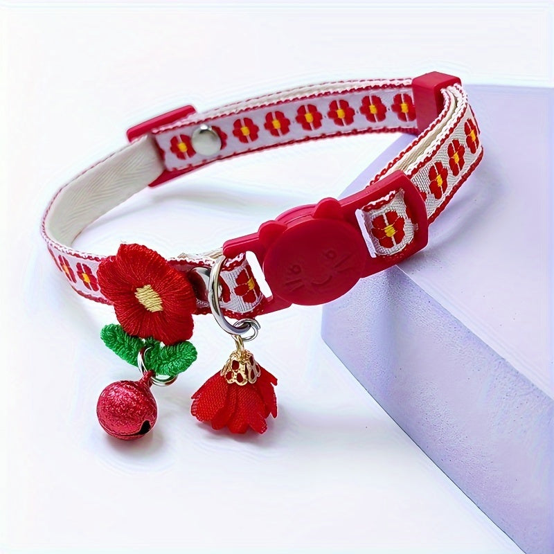 TEMU 1pc Embroidered Polyester Fiber Cat Collar With Safety , Round Floral Pet Collar & Pendant, Adjustable Durable Cute Accessory For Cats