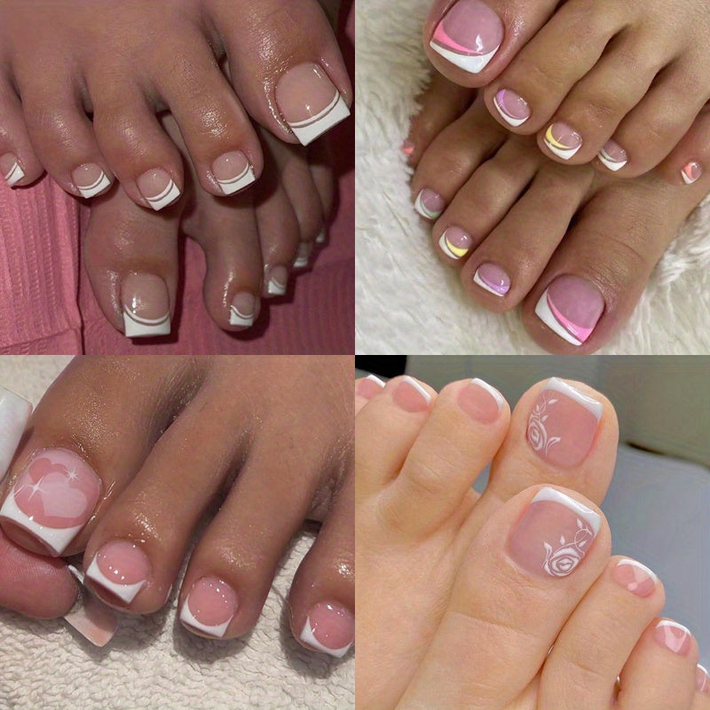 TEMU 4 Pack ( 96pcs) Press On Toenails For Women Short Square Glossy French Tips White Fake Toe Nails With Design Acrylic False Artificial Glue On
