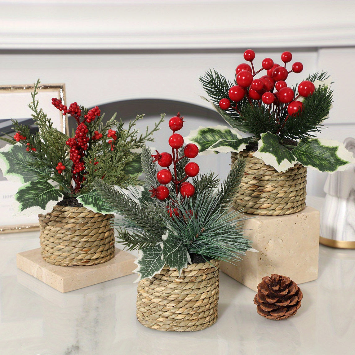 TEMU 3pcs Set Of Lifelike Christmas Potted Plants - Greenery With Woven Pine Branches, Perfect For Home & Garden Decor, Ideal For Holidays, Weddings,