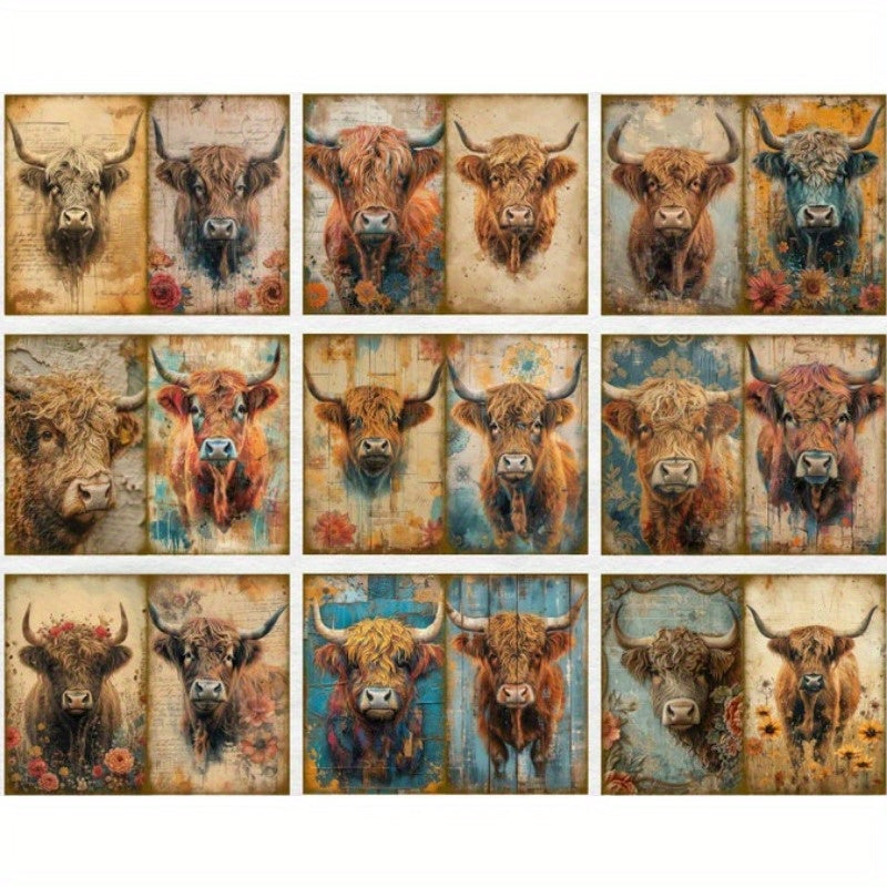 TEMU Highland Cow Paper Set - 10 Sheets Vintage Junk Journal Pages, Cow Themed Ephemera For Art Journaling, Collage, Crafting With Major Material