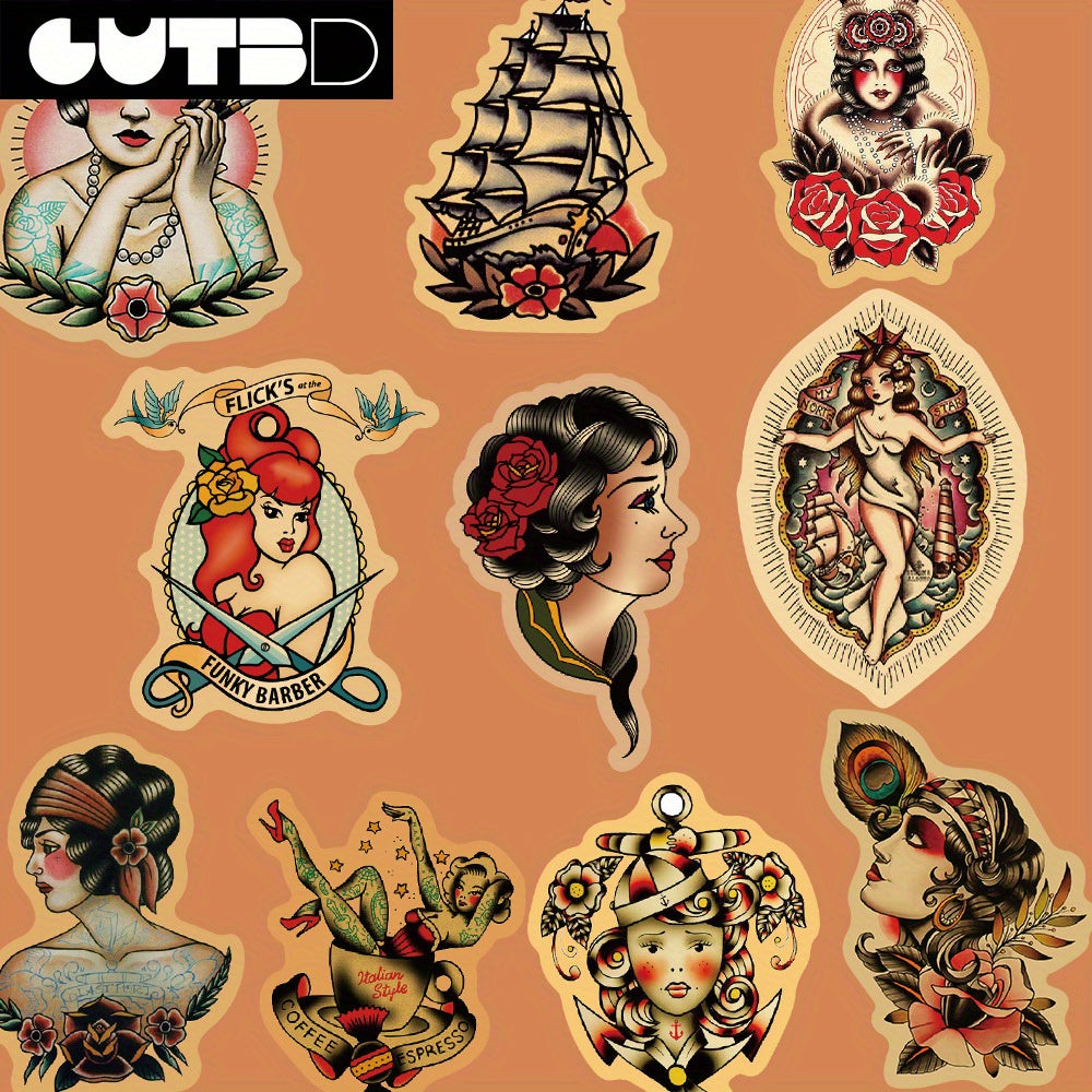 TEMU Gutbd Vintage Waterproof Sticker Pack Of 50, Plastic Phone Charms Decals For Laptop Suitcase Graffiti Decoration, Assorted Classic Tattoo Design