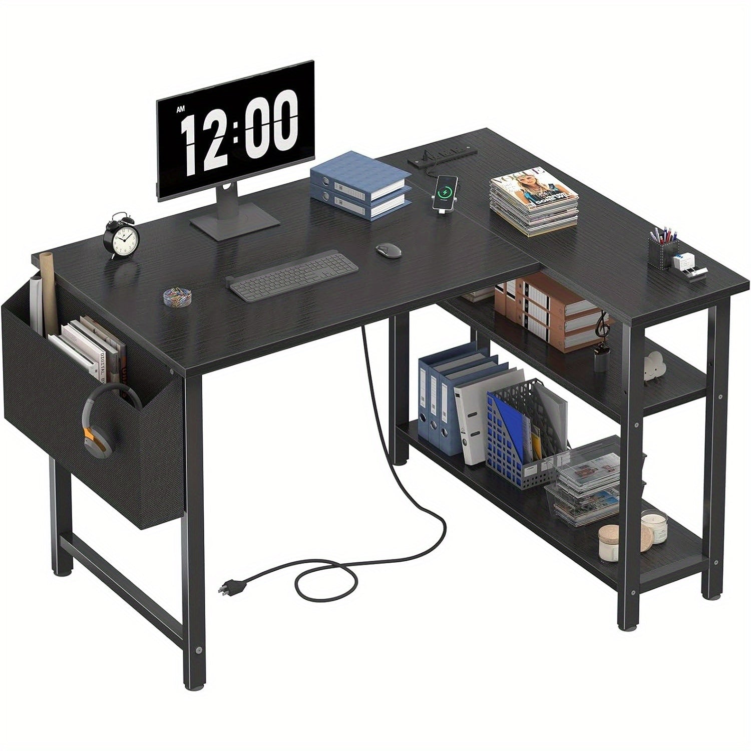 TEMU Lufeiya Black Gaming Computer Desk L Shaped With Power Outlet Shelves, 40 Inch Small Furniture For Small Study Table Vanity