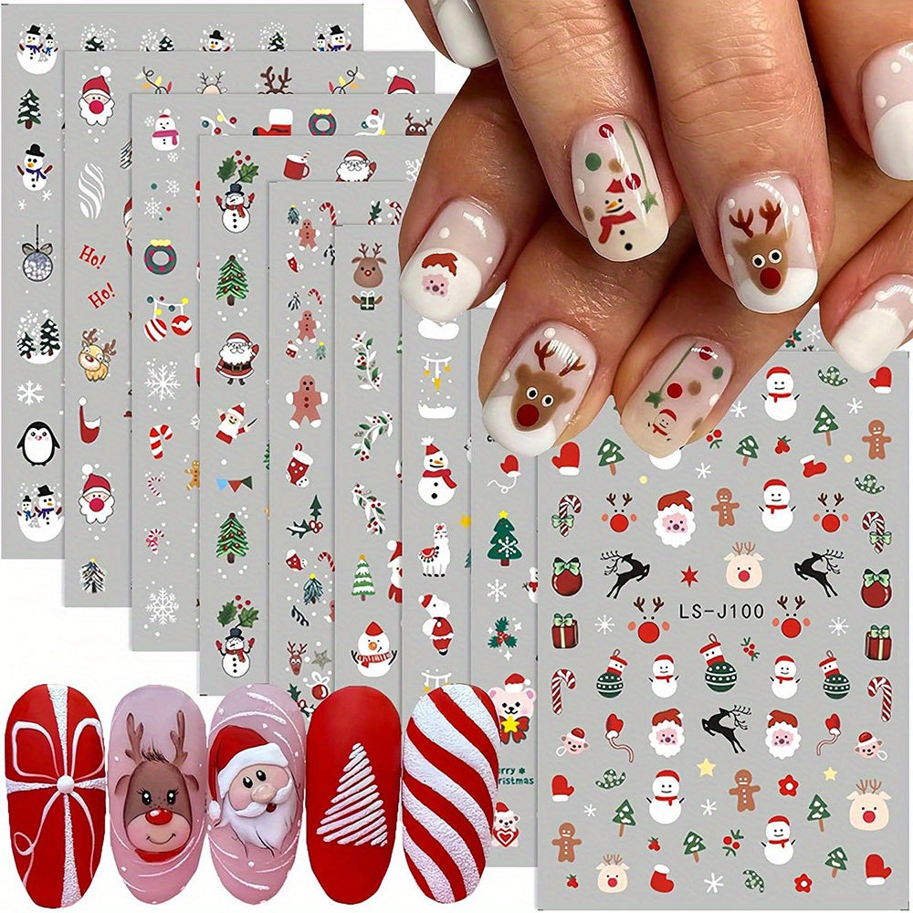 TEMU 9 Sheets Glossy Finish Christmas Nail Art Decals - 3d Self-adhesive Winter Holiday Nail Designs With Santa, Trees, Snowmen, - Diy Festive