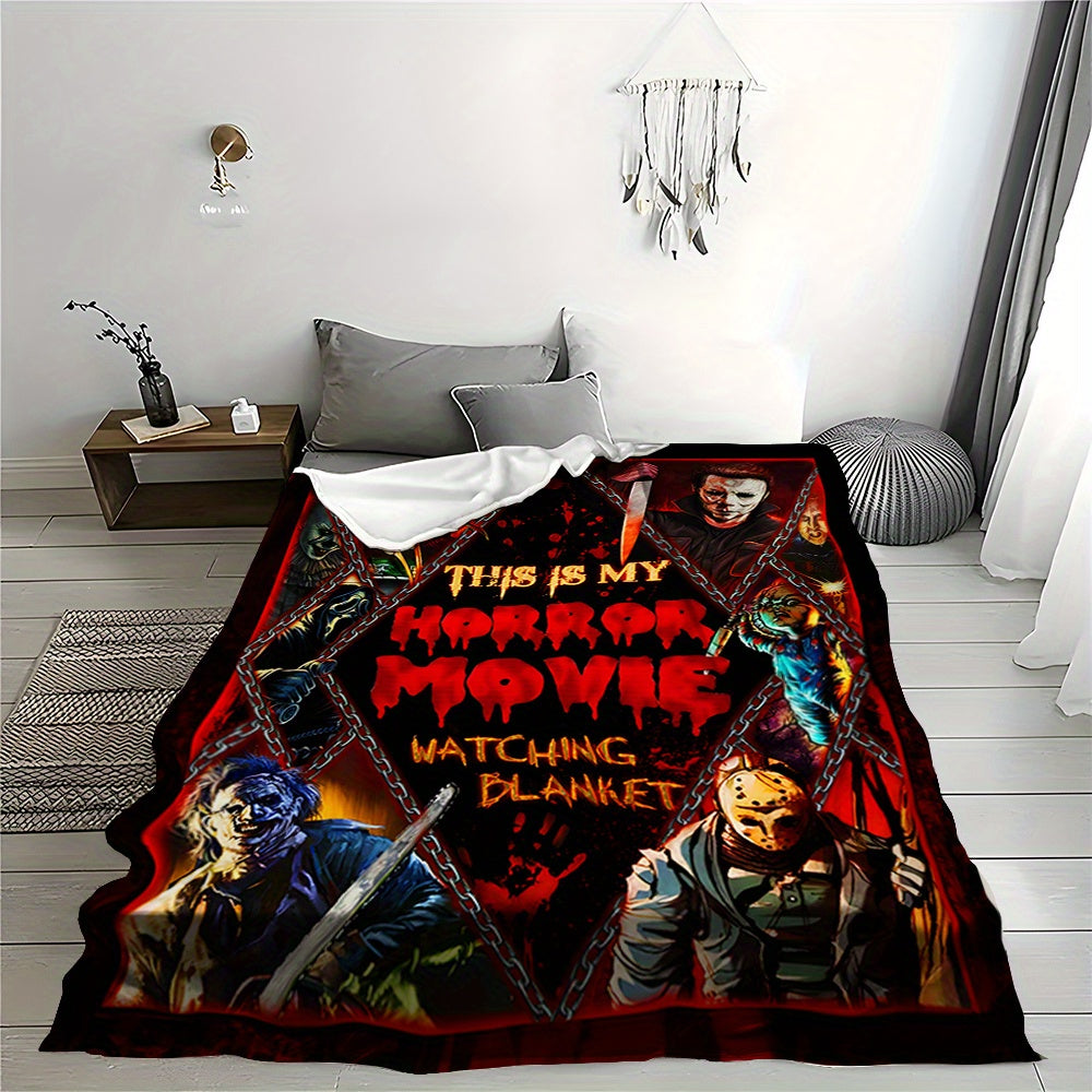 TEMU Horror Movie Characters Flannel Blanket - Soft Light Beige-friendly Bedspread With , Jason, & - Spooky Bedding Gift For Horror Fans