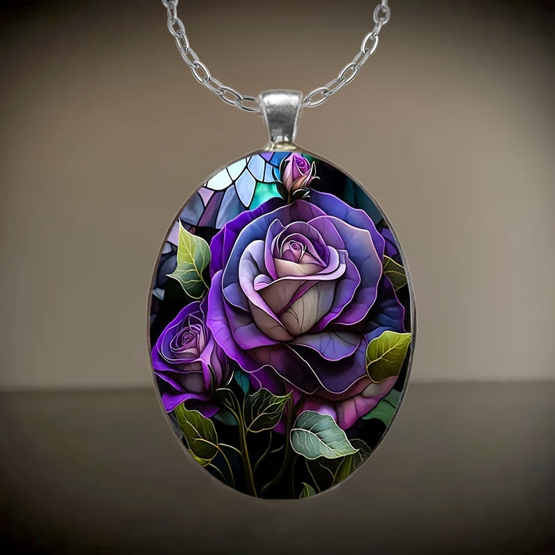 TEMU A Stylish And Elegant Purple Rose Pattern Oval Alloy Glass Necklace, Romantic Gift, The Perfect Jewelry Gift For Halloween Christmas