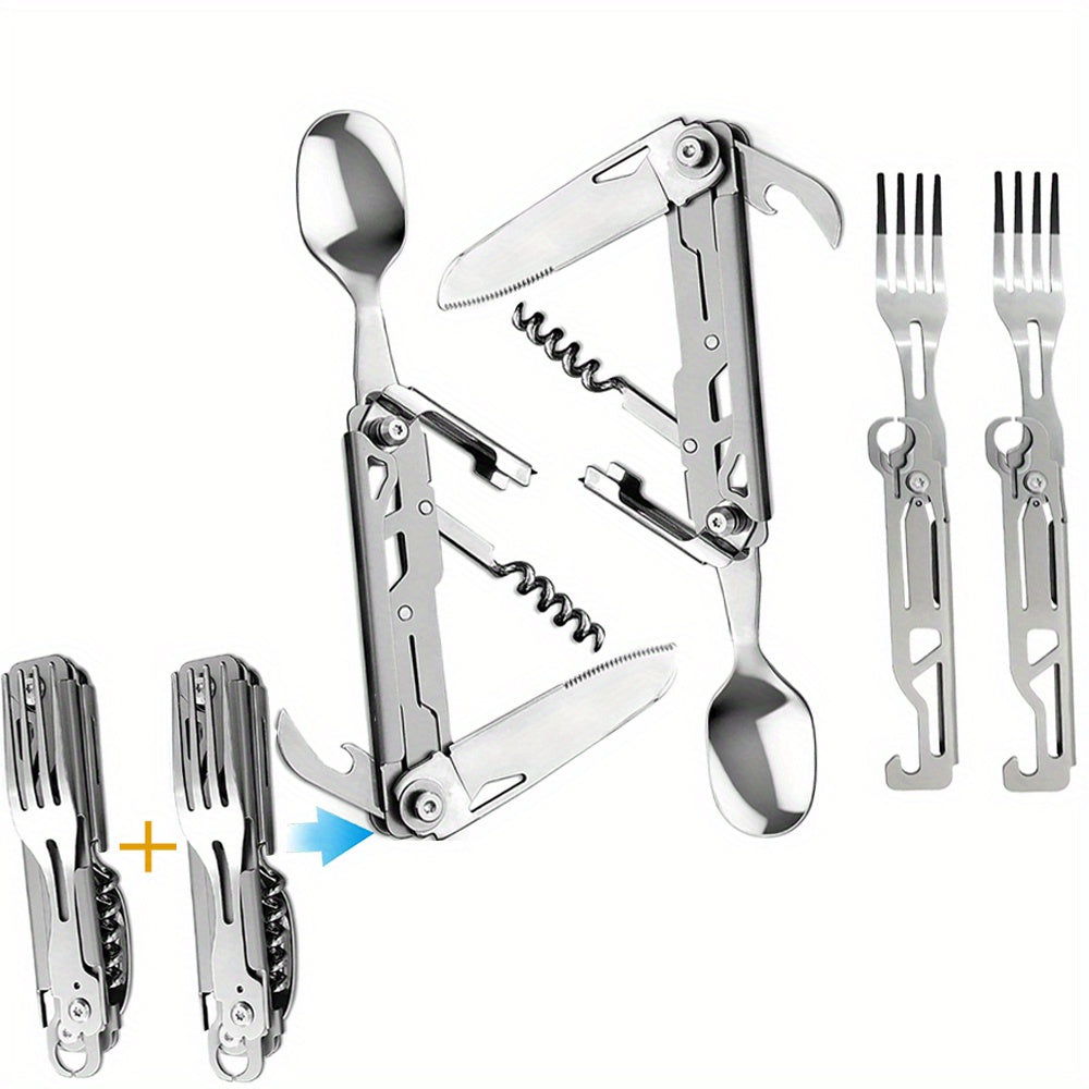 TEMU 2pack Folding Flatware Set Detachable Camping Utensils Flatware Set - Travel Pocket Cutlery Folding Spoon, Fork, Knife, Wine Bottle Opener Can