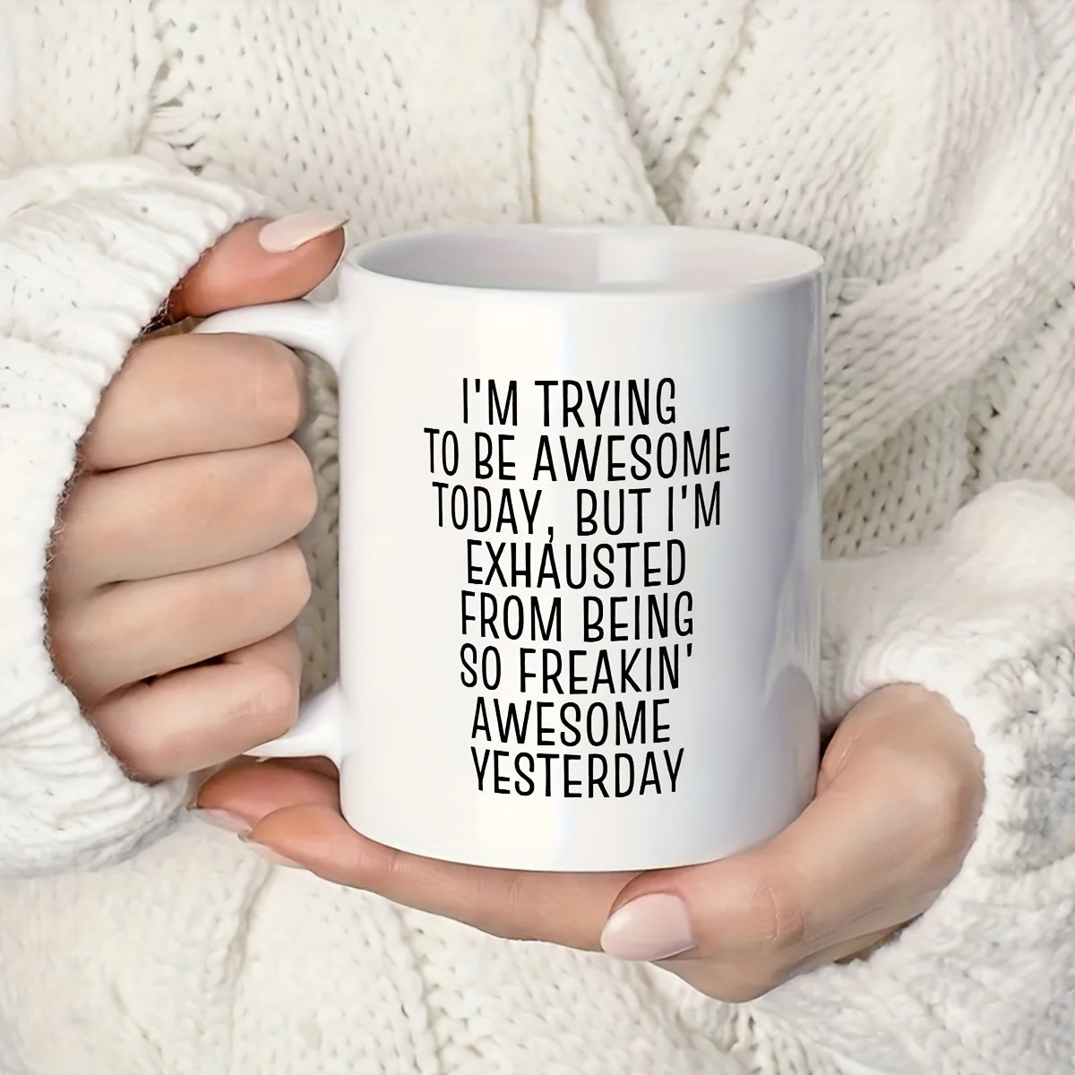 TEMU 11oz Funny Ceramic Mug - 'awesome Today, Exhausted Tomorrow' Double-sided Design For , Gift For Coworkers, Birthday Present, White With Black
