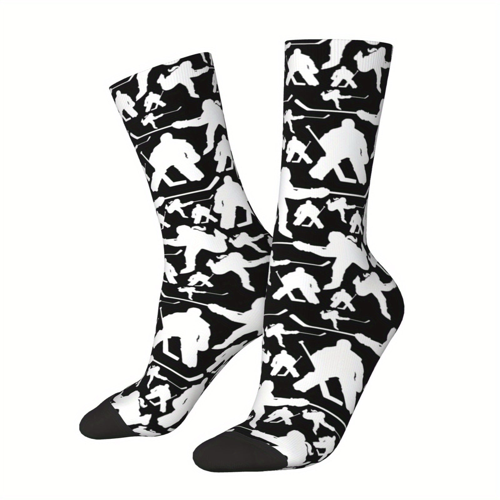 TEMU 1 Pair Men's Compression Socks - Black & White Hockey Stick & Puck Print, Dynamic Hockey (goalie, ), Elastic Socks For Hockey Fans, Novelty Gift