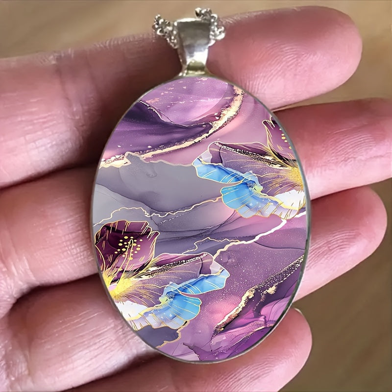 TEMU 1pc Of Fashionable And Elegant Stone Pattern Oval Alloy Glass Necklace, Romantic Gift