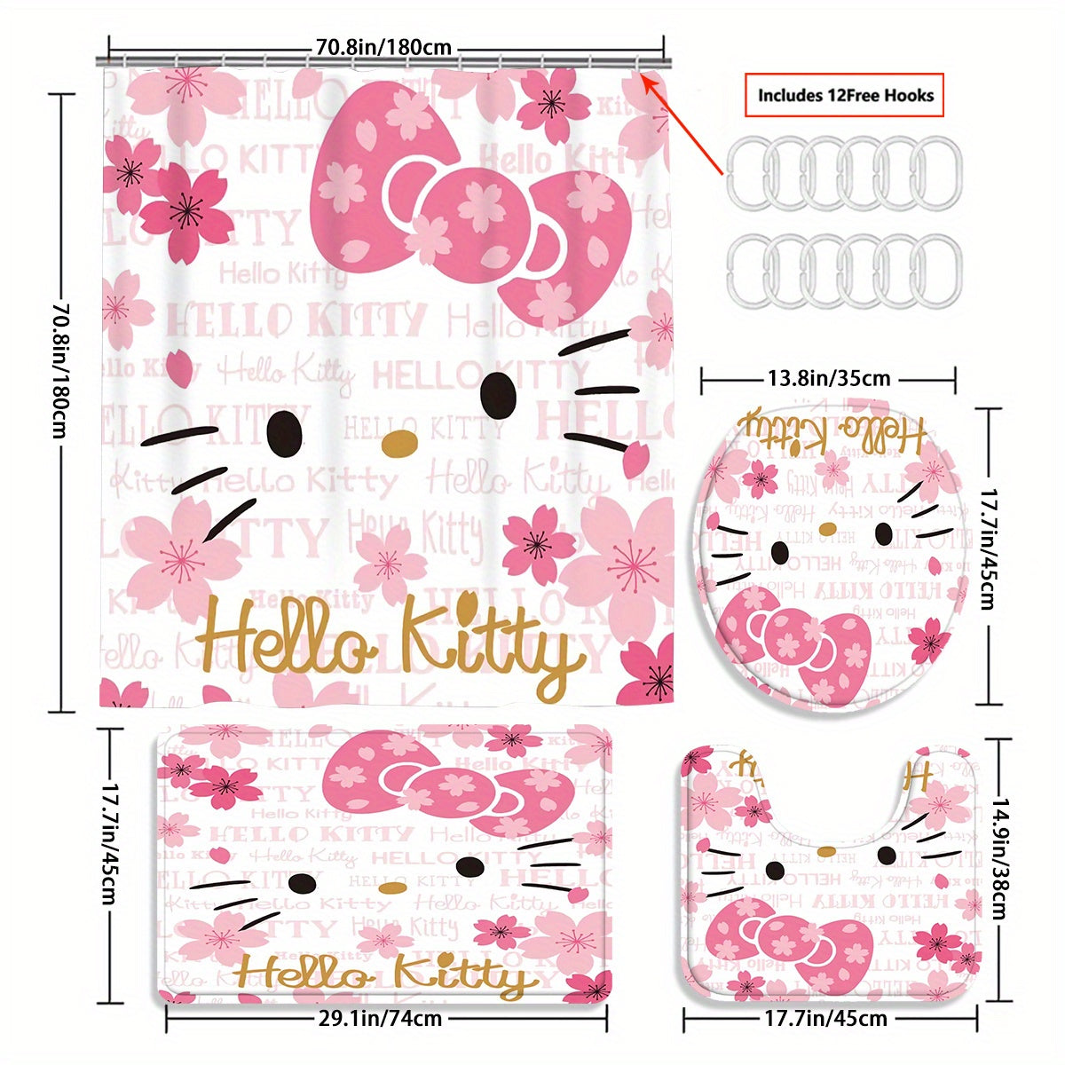 TEMU 4pcs Hello Kitty Shower Curtain Set, Beautiful Housewarming Gift, Curtain Decoration, Shower Curtain And Toilet Floor Mat 3 Piece Set With 12