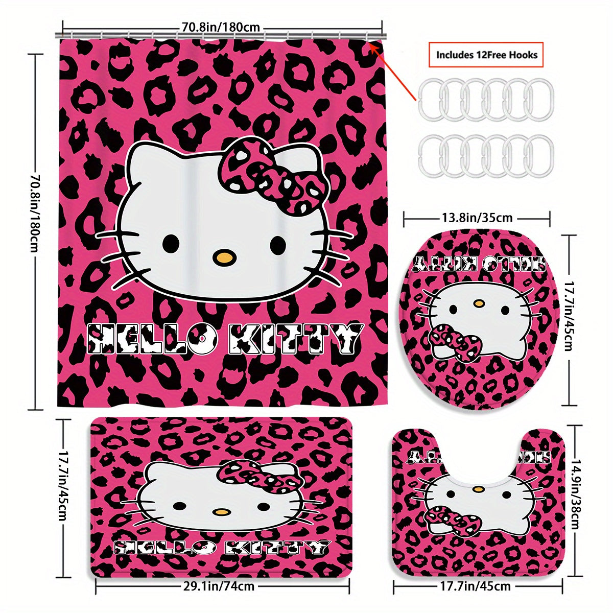 TEMU 4pcs Hello Kitty Shower Curtain Set, Beautiful Housewarming Gift, Curtain Decoration, Shower Curtain And Toilet Floor Mat 3 Piece Set With 12