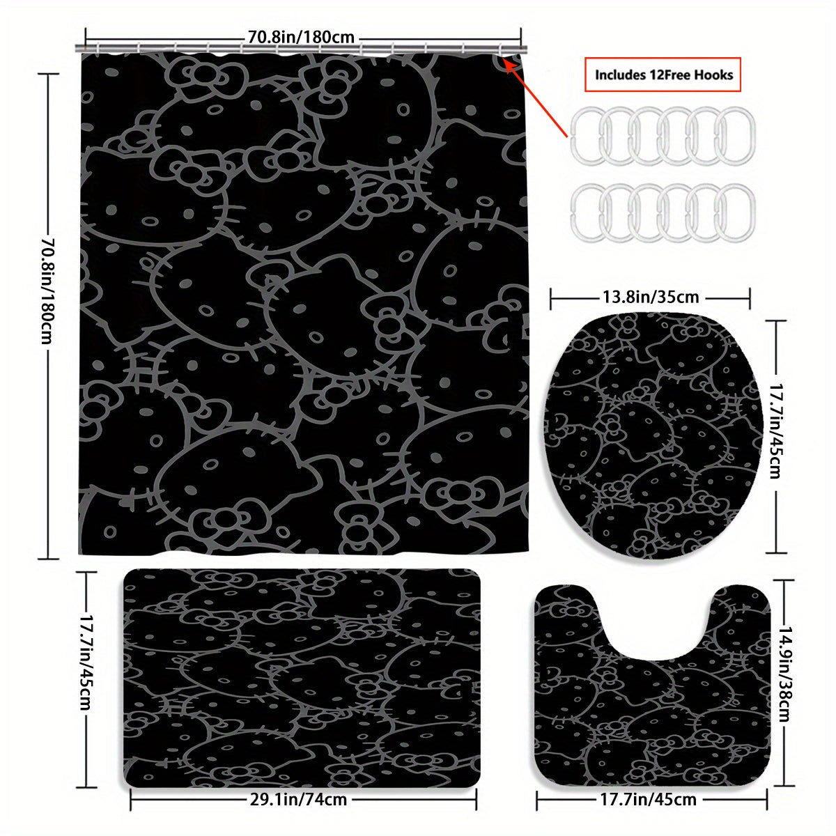 TEMU 4pcs Hello Kitty Shower Curtain Set, Beautiful Housewarming Gift, Curtain Decoration, Waterproof Shower Curtain And Toilet Floor Mat 3 Piece Set