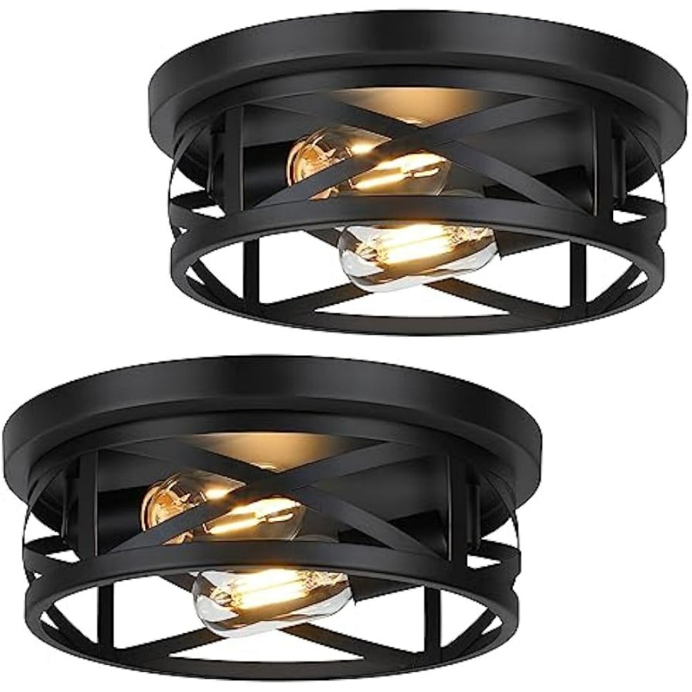 TEMU 2pcs Industrial Black Metal Cage Ceiling Light Fixtures With Adjustable Head, 2-light Flush Mount For Bedroom, Kitchen, Hallway - Style,