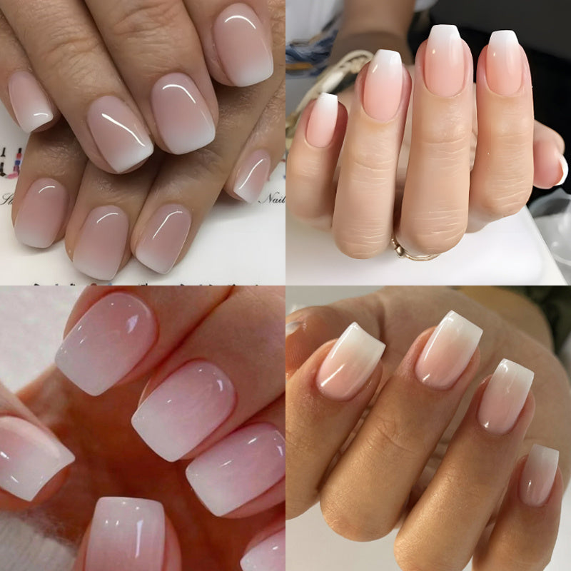 TEMU 96-piece French Square Fake Nail Set, Elegant French Tip Gradient And Solid Combination, Glossy Wear Nail With Jelly Glue And Nail File, Pressed