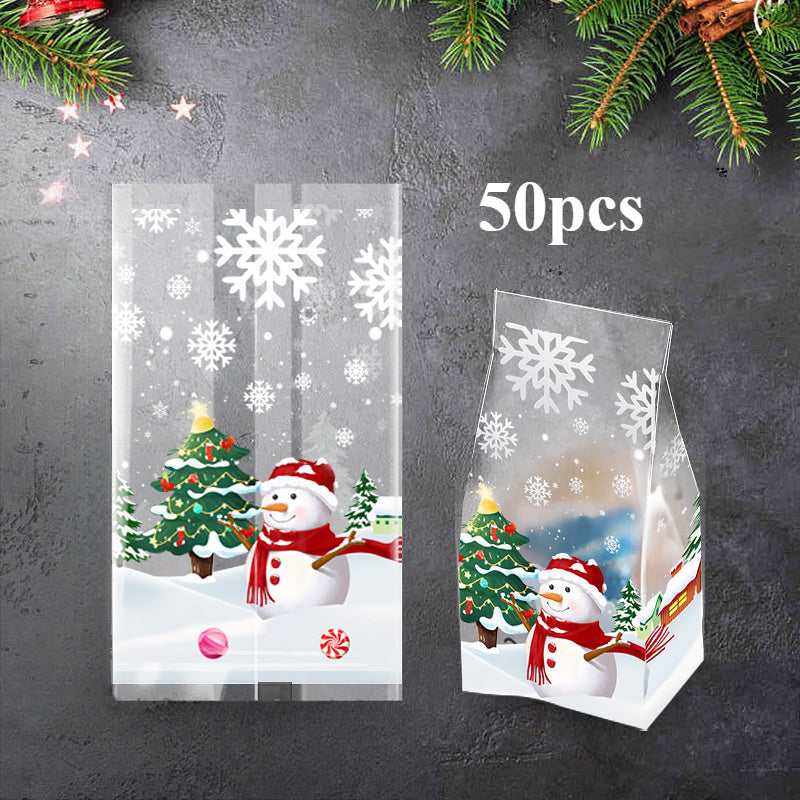 TEMU 50pcs Clear Winter Snowflake Treat Bags With Hanging Loop - Transparent Candy & Cookie Gift Bags With Snowman & Heart Cutouts, Pink Bow &