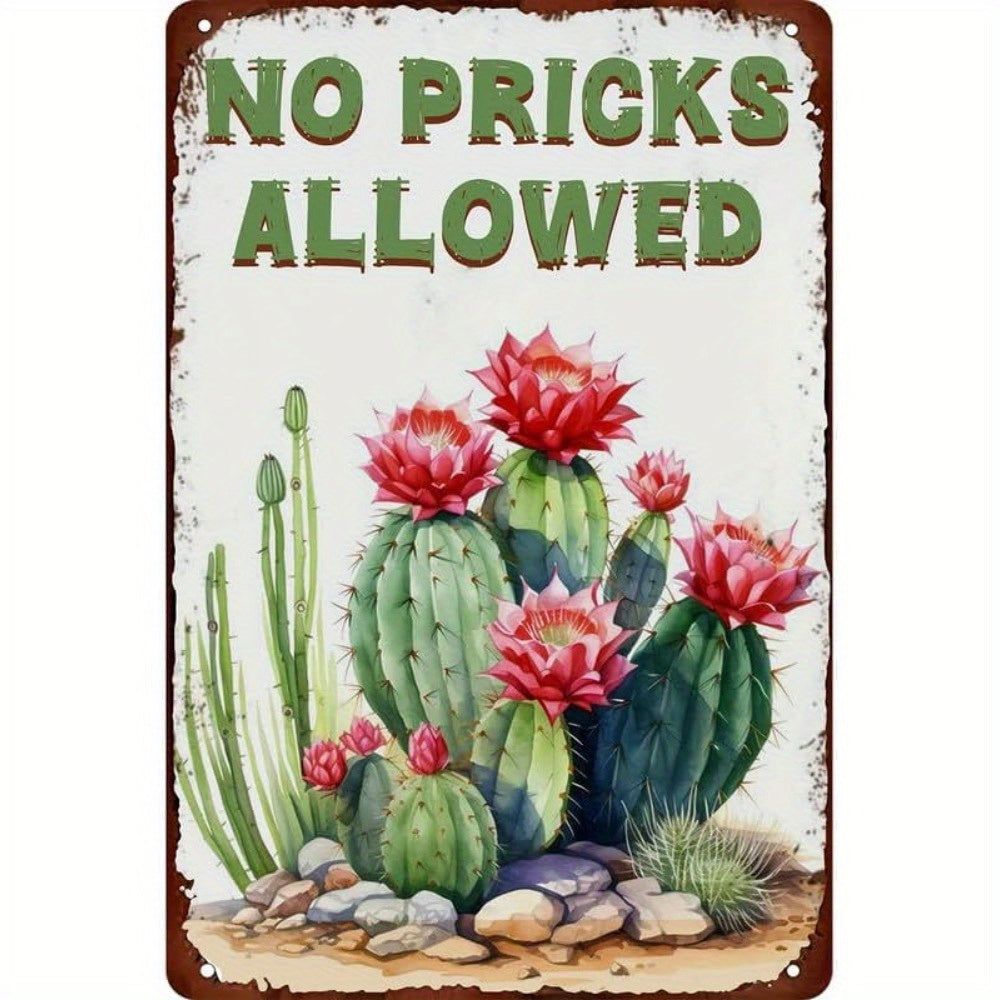 TEMU 8x12" Vintage 'no Pricks Allowed' Metal Tin Sign With Cactus - Rustic Wall Decor For Home, Cafe, Office, Kitchen - , Easy-to-hang Art, 2d, Room