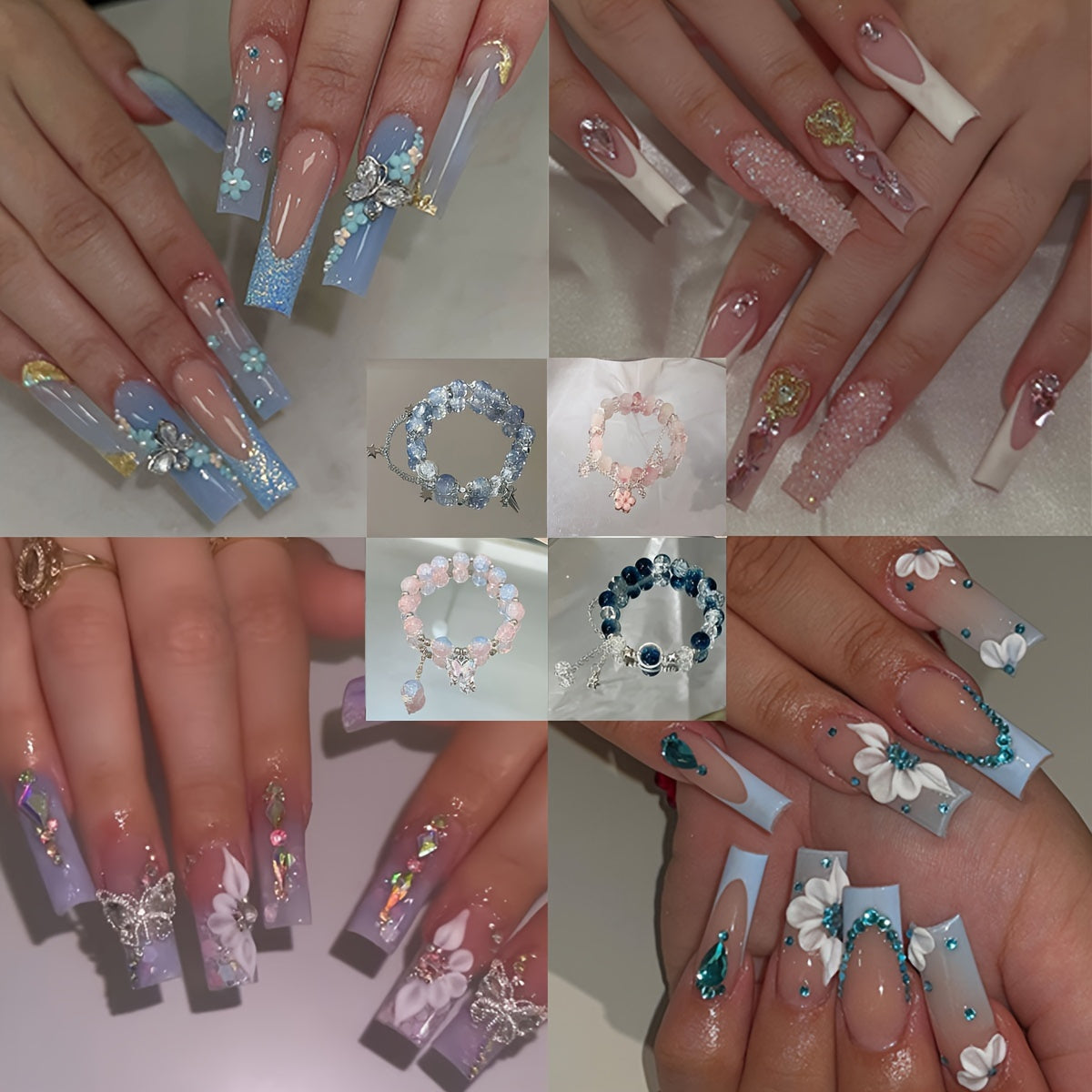 TEMU (100pcs) 4pack Glossy Long Ballerina 3d Flower Butterfly Fake Nails + 4pcs Bracelet Blue Gradient Press On Nails Withrhinestone Design Beads